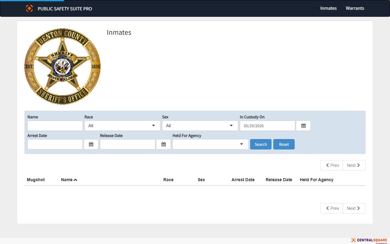 Benton County inmate roster search filters and current jail records